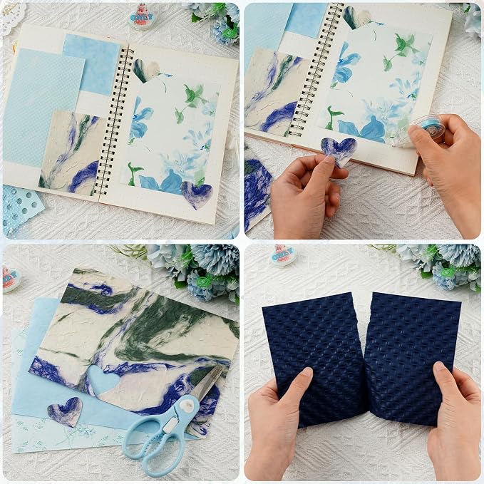 50 Sheets Unique Handmade Textured Scrapbook Paper & Mesh Fabric Set - Junk Journal Supplies Craft Paper for Scrapbooking Journaling Supplies for Junk Journal Retro Crafts（Blue）