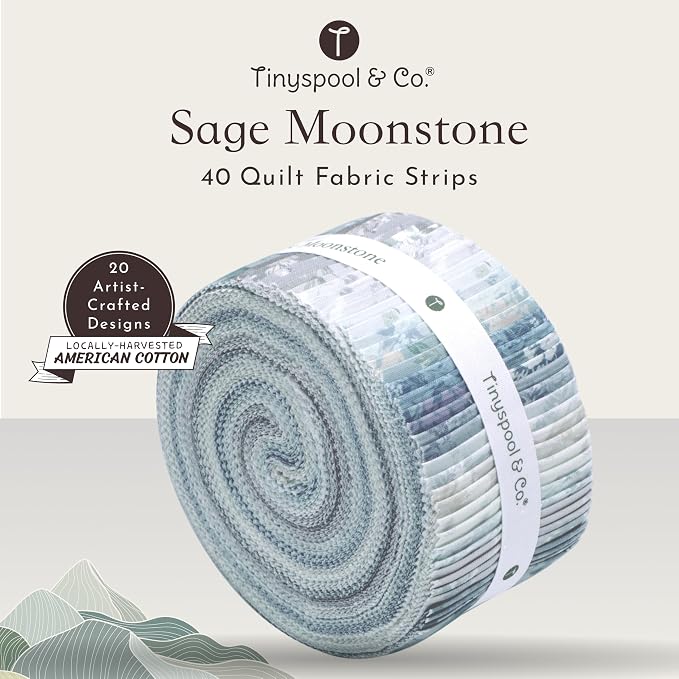 Tinyspool & Co.'s Twirlie Roll 40 Precut Quilting Fabric Strips for Quilting Supplies, Crafting, Sewing, Soft Cotton Strip for Blanket, Rug, Upholstery, Home Decor, and Purse Making, Sage Moonstone