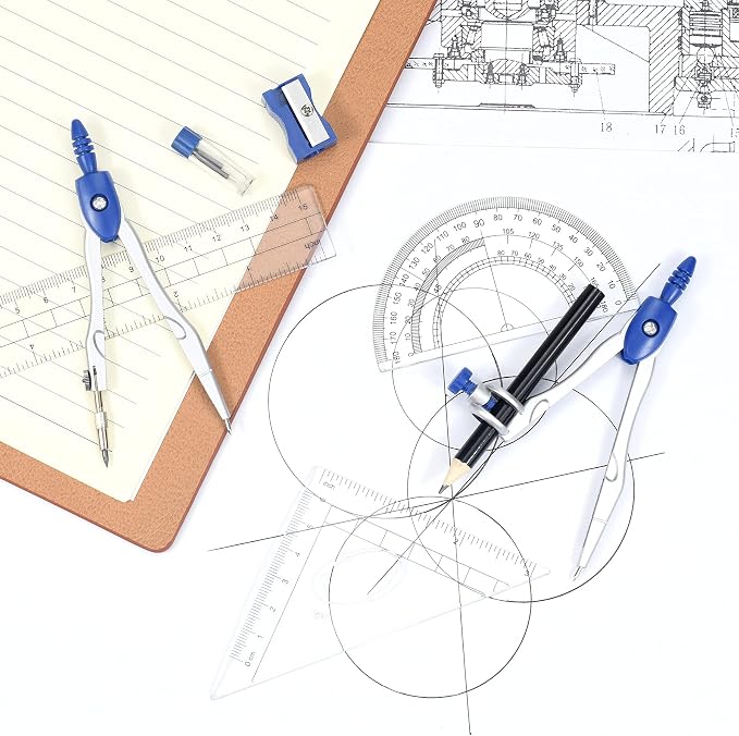 Unjoo Geometry Set 10 Pcs, Compass and Protractor for Students(Navy Blue) | Shatterproof Storage Box,Rulers,Protractor,Compass,Eraser,Pencil Sharpener,Lead Refills,Pencil,for Classroom, Back to School