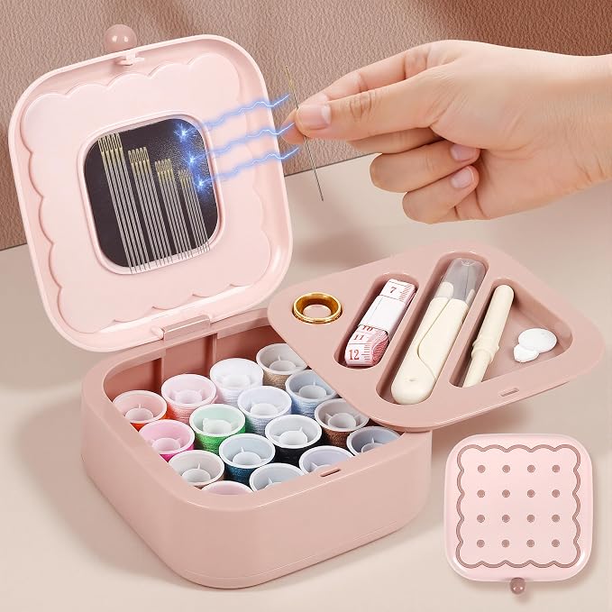 LOTOFUN Small Sewing Kit Box: Cute Portable 2-Layer Organizer Magnetic Needle and Thread Kits Holder Basic Case - Home Clothes Repair for Beginners (Pink)