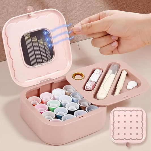 LOTOFUN Small Sewing Kit Box: Cute Portable 2-Layer Organizer Magnetic Needle and Thread Kits Holder Basic Case - Home Clothes Repair for Beginners (Pink)