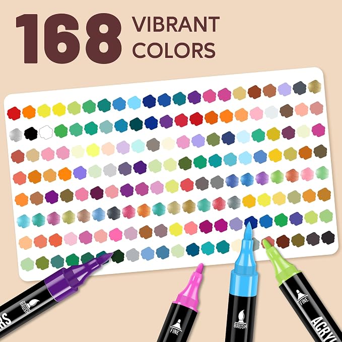 Pagather Acrylic Paint Markers, 168 Colors Dual Tip Fine & Brush Pens Set | For Rocks, Fabric, Wood, Glass & More, Perfect for DIY Crafts and Creative Art Projects with Bright, Smooth and Quick-Dry Ink