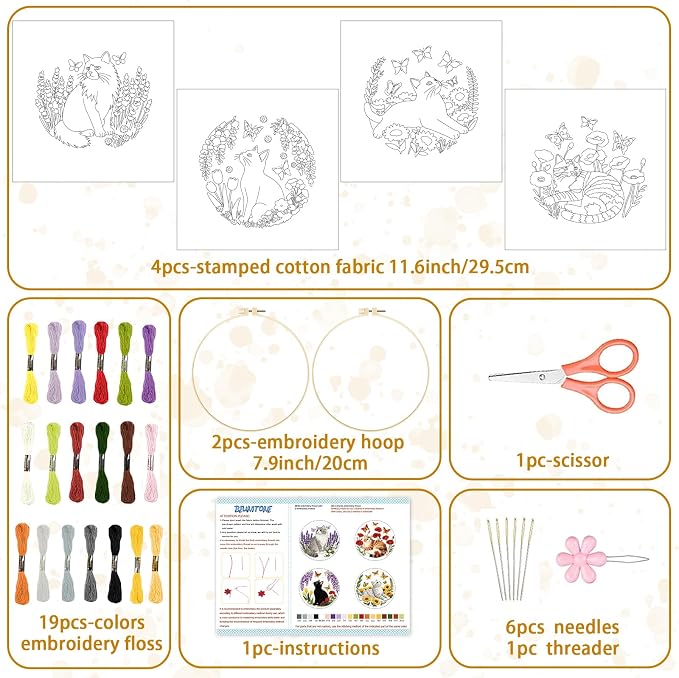 BEUNITONE 4 Set Embroidery Kit for Beginners, Cat and Butterfly Pre-Stamped Pattern Needlepoint Kits for Adults with Hoop and Instruction, Cute Hand Embroidery Patterns for Cloth and Home Decor