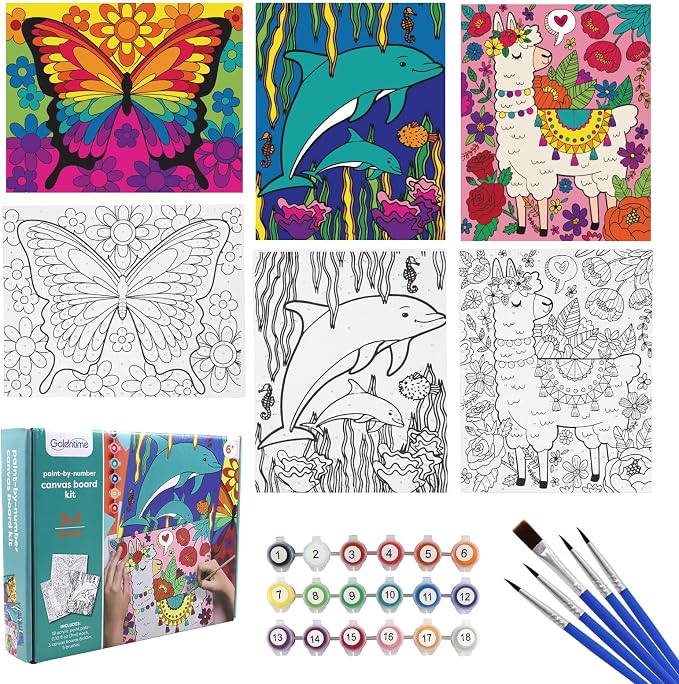goldentime 3 Pack Kids Paint by Numbers Kit, Pre-Drawn Canvas Painting, Includes 8x10 inch Framed Canvas with 18 Acrylic Paints, 5 Brushes, Perfect Creative Gifts & Arts and Crafts for Kids