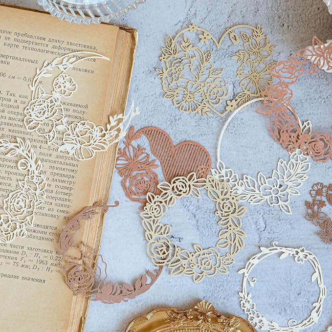 Maxleaf 60PCS Flower Cut Outs Border Card, Frames Decorative Paper | Love Heart Butterfly Leaf Lace Star Hollow Out Scrapbook Paper Card for DIY Arts Crafts Album Planner Junk Journals