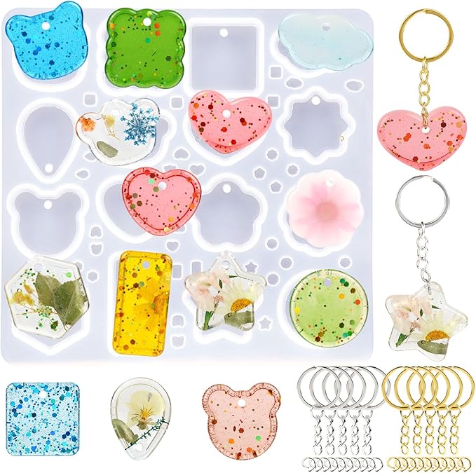 Keychain Silicone Mold, Keychain Resin Mold with Key Ring Accessory, Epoxy Resin Jewelry Molds for DIY Keychains, Necklace, Pendant