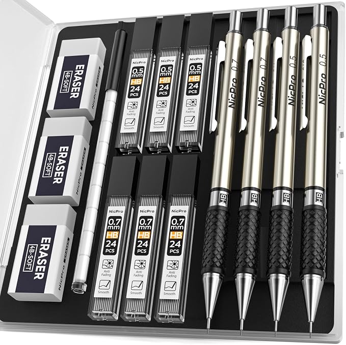 Nicpro Art Mechanical Pencil Set in Case, 4 PCS Metal Drafting Pencil | Metal Drafting Pencil Lead Pencil+6 Tube Lead Refills, Eraser, Comfort Grip For for School Writing, Artist Drawing Sketching