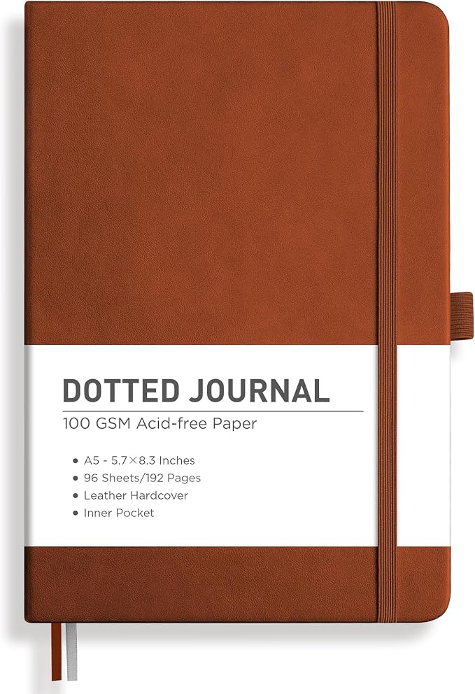 RETTACY Dotted Journal Notebook, 192 Pages, A5 Medium Size (5.7'' x 8.3'') | Leather Hardcover, 100 GSM Thick Paper, for Journaling, Planning, Tracking (Brown)