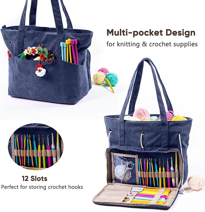 MYBAGZING Large Yarn Tote Organizer – Corduroy Knitting Storage Holder for Yarn, Hooks & Accessories, Portable Craft Carryall for Crocheting Lovers, Mother’s Day Gift