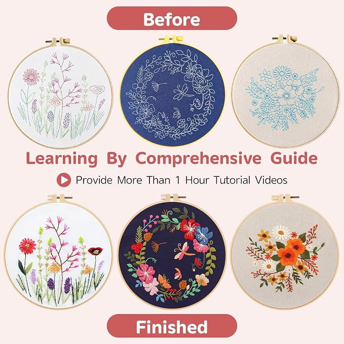 Meyocky Embroidery Kit for Beginners with Floral Leaf Patterns& HD Videos | 3 Pre-Printed Flower Embroidery Starter Kit for Adults, Step-by-step Instructions Hoop Threads, Gift for Women Craft Lovers