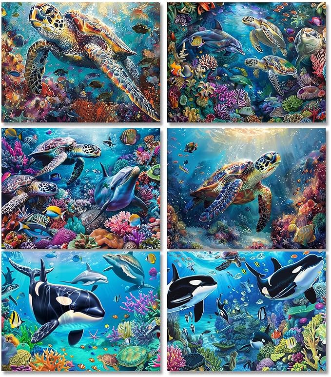 DOTSOPS6 Pcs Turtle Dolphin Diamond Painting Kits Art Adults Painting Kits | Crafts DIY 5D Diamond Art Packs Kits,Full for Adults,Beginner Home Wall Decoration Gift 11.8 x 15.7 Inches