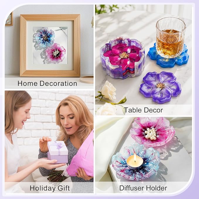 HeyClear 5Pcs Coaster Silicone Resin Molds, Flower Coaster Epoxy Resin Molds with Holder Mold, Resin Casting Molds for Table Coasters, Home Decoration and DIY Art Crafts