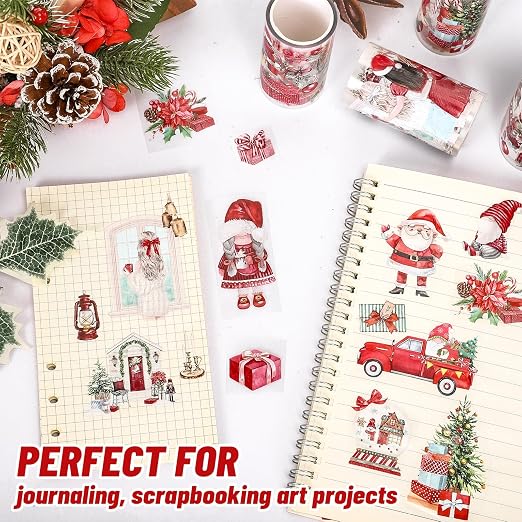 JarThenaAMCS 4 Rolls Christmas PET Washi Tape Xmas Red Transparent Adhesive Masking Tape for Cut & Use as Winter Stickers Scrapbook Journal DIY Craft Gift Wrapping