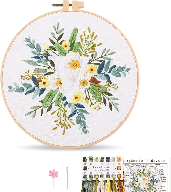 Harimau Letter Pattern V Embroidery Kit for Adult Beginners, Complete Starter Pack with 1 Hoop, Needles, Instruction Guide & Embroidery Stitch Video Tutorials