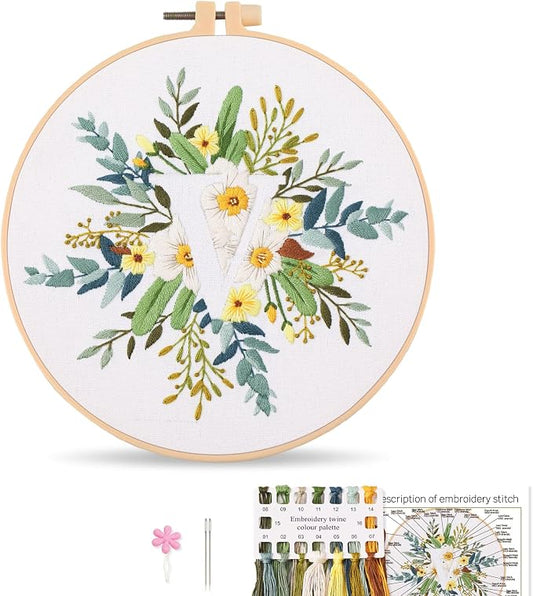 Harimau Letter Pattern V Embroidery Kit for Adult Beginners, Complete Starter Pack with 1 Hoop, Needles, Instruction Guide & Embroidery Stitch Video Tutorials