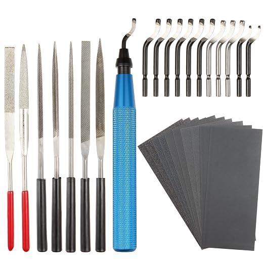29-Piece Deburring Tool Set – 11 HSS Blades, 7 Needle Files, 10 Sandpapers, Metal Handle – for Metal, Wood, 3D Prints, PVC Deburring & Reaming