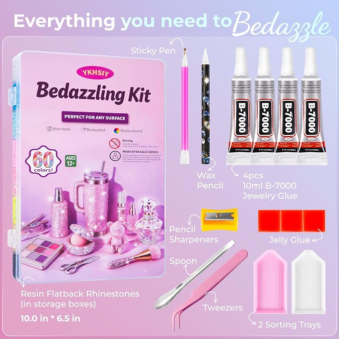 Bedazzling Kit 48000Pcs 60 Colors Resin Jelly Rhinestones, Multicolor 3mm Flatback Gems for Diamond Art, Bedazzler Kit with 4Pcs 10ml B7000 Jewelry Glue & Tools - Christmas Birthday Gifts for Women