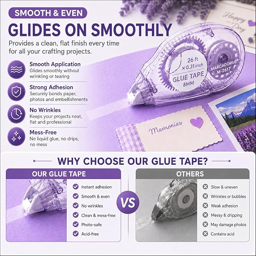 MARCADORUS Glue Tape for Scrapbooking, Double Sided Tape Roller 106Ft Total | 4-Pack_26Ft x 0.31In Tape Runner, Adhesive for Photos, Card Making, Paper Crafts, School, Journaling & Scrapbooking Supplies