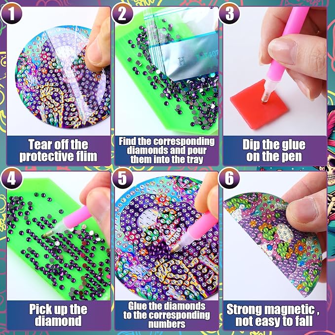 Zonon 12 Pcs Halloween Diamond Art Magnets Sugar Skull Diamond Painting | Colorful Skull Magnetic Stickers Kits for Adults, Easy DIY Fridge Decor for Party Home, Fun Craft