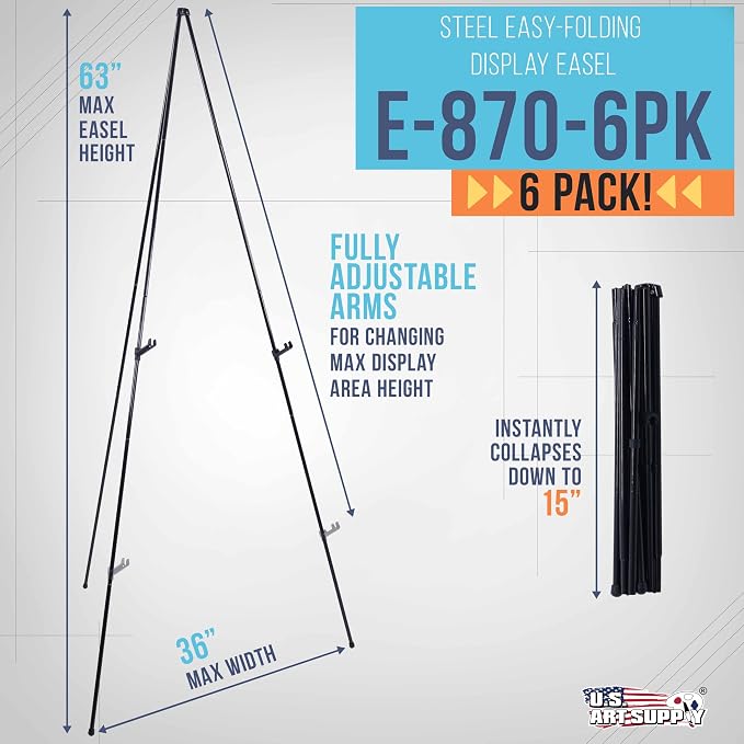U.S. Art Supply 63" High Metal Folding Display Easel - Adjustable Height