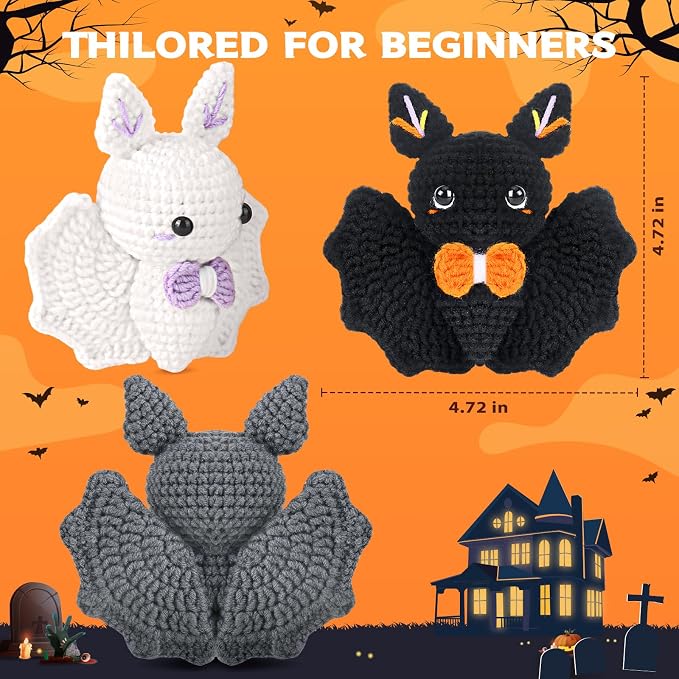 Crochet Kit for Beginners, Beginner Crochet Kit for Adults with Step-by-Step Video Tutorials, Halloween Gifts DIY Crochet Animal Kits Knitting Supplies, 3 Pack Bat (40%+ Yarn)