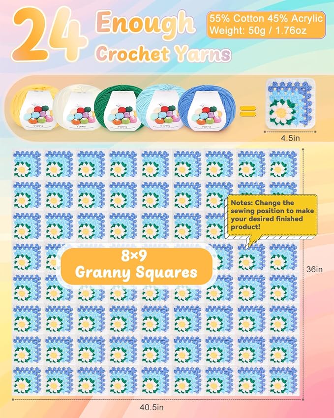 Coopay Crochet Kit for Beginners, Easy 3D Granny Square Blanket Kit, Blue