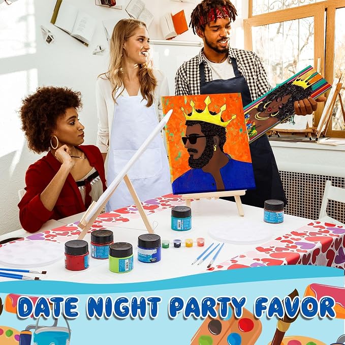 Yeaqee 13 Pcs Sip and Paint Kit for Adults Stretch Canvas Date Night Valentines Painting Kit Supplies Art Painting Set Outline Design Blank Stretch Canvas for Couple Party(Afro King Queen,11x14)