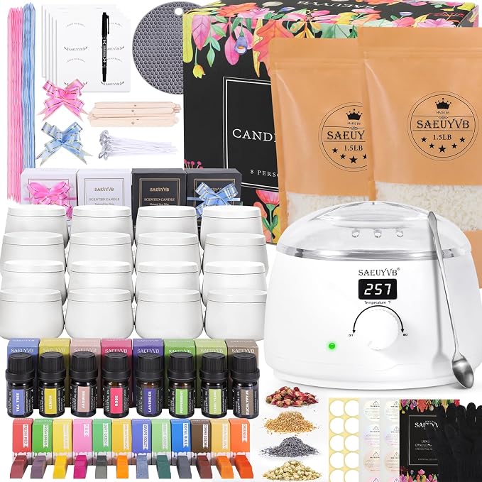 SAEUYVB Candle Making Kit for Adults with Electric Wax Melting Pot(White) | Complete DIY Starter Soy Candle Making Kit/Supplies,Suitable for Handmade Candle Gift for Birthdays,Mother's Day,Christmas