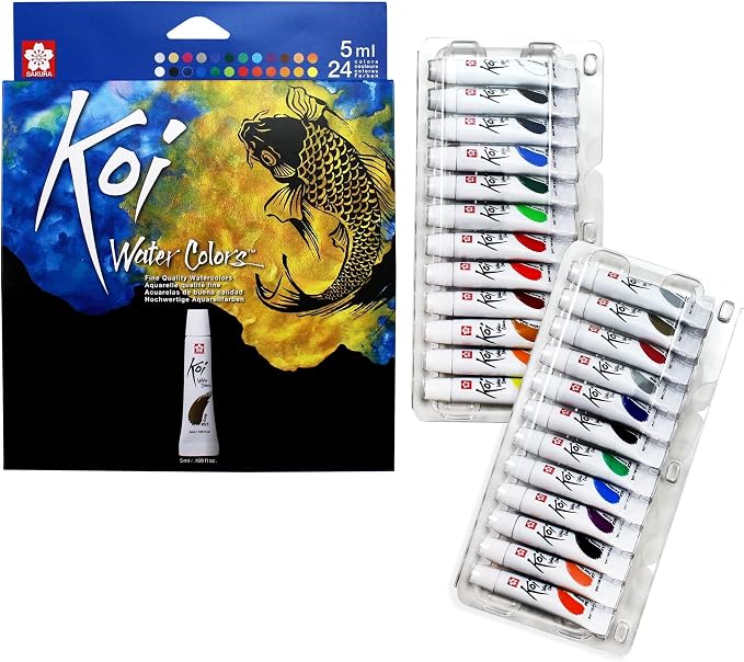 SAKURA Koi Watercolor Sets, 24 Colors, 5 ml Tubes | Fine Quality Watercolor Paint Set, Even Pigment Spread, Quick Drying, Performance Blending, Certified Non-Toxic