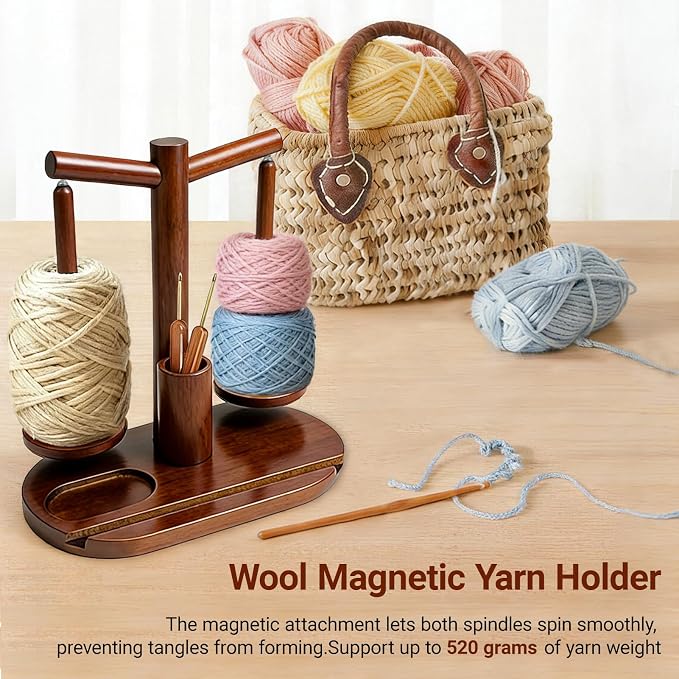 Lemosyu Wooden Yarn Holder for Crocheting, Magnetic Rotating Yarn Spinner | 360°Rotation, 2 Spindles, Phone Stand, Crochet Accessories Organizer for Knitting, Gift for Knitters Women Mom Grandma Wife