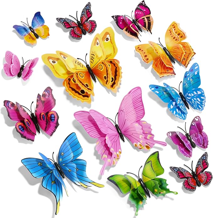 SAOROPEB 3D Butterfly Wall Decor, 24 Pcs Double Layer Butterfly Decorations for Party Decorations Locker Decor Refrigerator Decal, Reusable (Colorful)