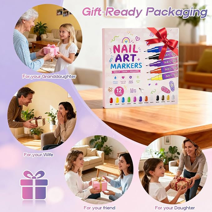 dabria Nail Art Pens for Painting Nails 12 Colors Nail Art Markers Set with 0.5 mm Fine Tip Nail Doodle Pens for Girls Kids Women (Upgraded)
