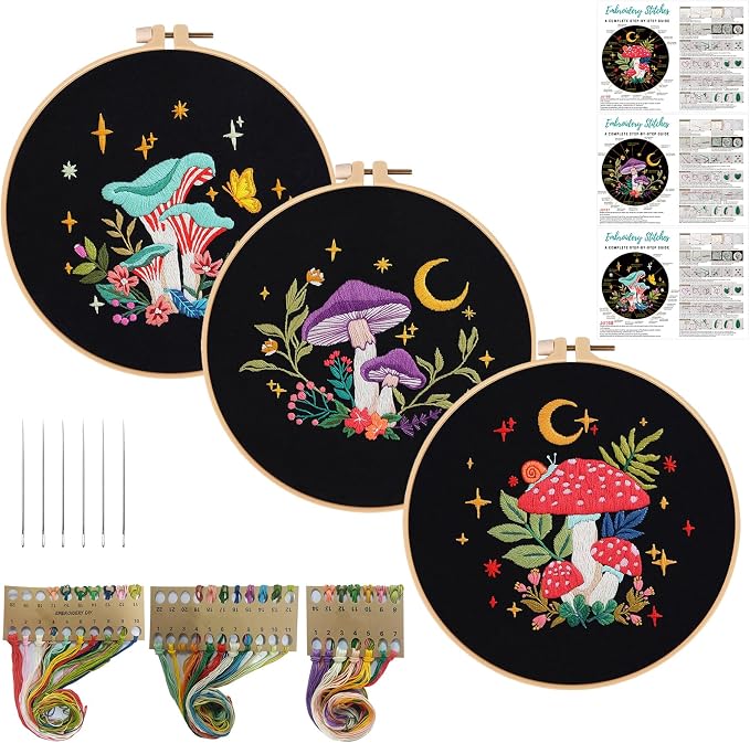 Nuberlic 3 Pack Embroidery Kit for Beginners, Mushroom Cross Stitch Kit