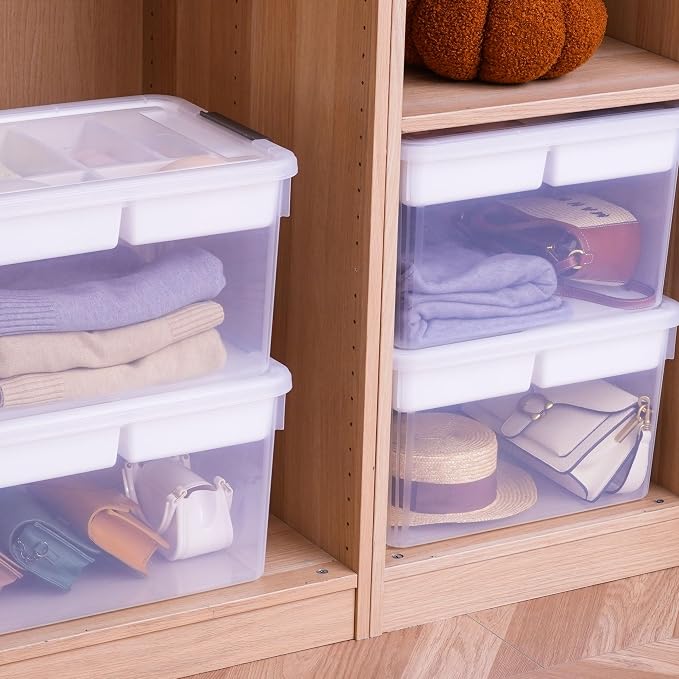 Citylife 32QT 4Packs Clear Craft Organizers and Storage Box with Tray | Stackable Art Supply Organizer Storage Bins with Lids for Beads, Markers, Sewing, Tools, Clothes, Files, Office Supplies