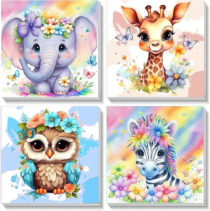 4 Pack Animal Paint by Number for Kids with Wooden Frame - Wooden Easel | Paint by Numbers for Kids Ages 4-8-12, Easy Elephant Owl Giraffe Zebra DIY Oil Painting Kits for Home Wall Decor (8X8 inch)