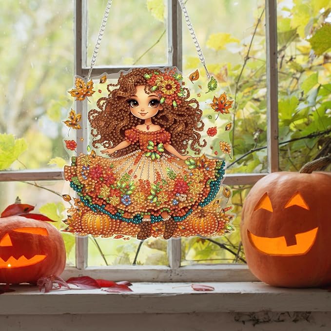 Bowetile Fall Diamond Art Hanging Kits for Adults, Autumn Diamond Art Suncatchers Harvest Girl, 5D Special Shape Maple Leaf Diamond Painting Pendant Window Ornament Gifts for Home Wall Decor
