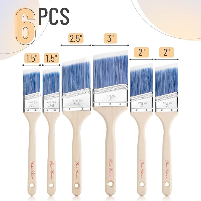 Bates Angle Paint Brushes, 6 Pack - Assorted Sizes, Treated Wood Handle, for Walls & Furniture