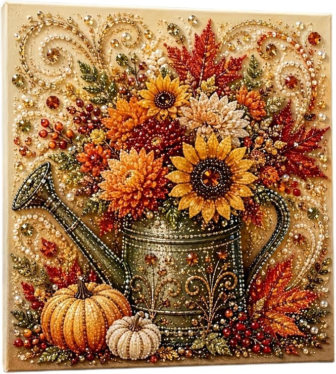 Autumn Pearl Painting Kit, 3D Pearl Diamond Painting Kit, DIY Pearl Art Craft for Adults, Thanksgiving Harvest Home Wall Decor, Handmade Seasonal Gift，Fall Floral Watering Can 1
