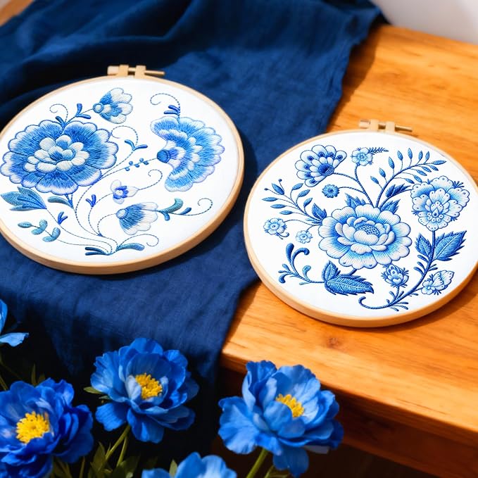 BEUNITONE 4 Set Embroidery Kit for Beginners, Blue Flower Cross Stitch Kits, Needlepoint Kits for Adults with Instructions and Full Kit, Classical Hand Embroidery Patterns for Cloth and Home Decor