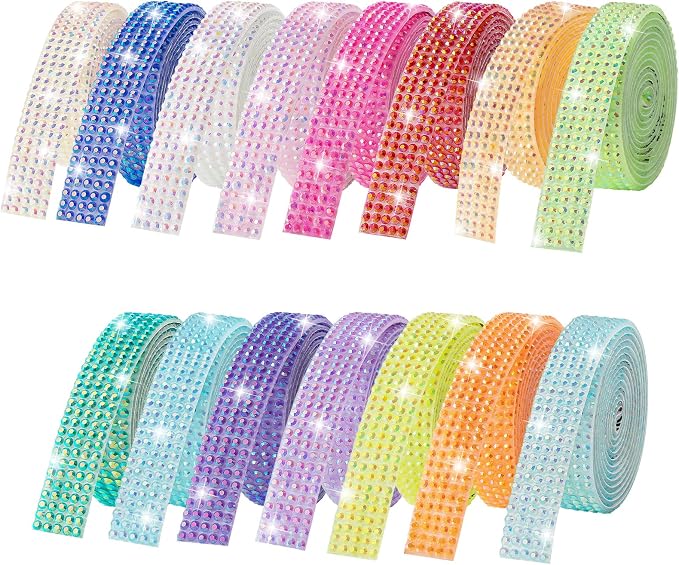 15-Yard Bedazzling Strips, 5-Rows 16-Roll Rhinestone Ribbon Self Adhesive, 15 Colors Bedazzling Kit, Rhinestones for Crafting, Rhinestone Strips for DIY Craft, 0.45inch Width,3