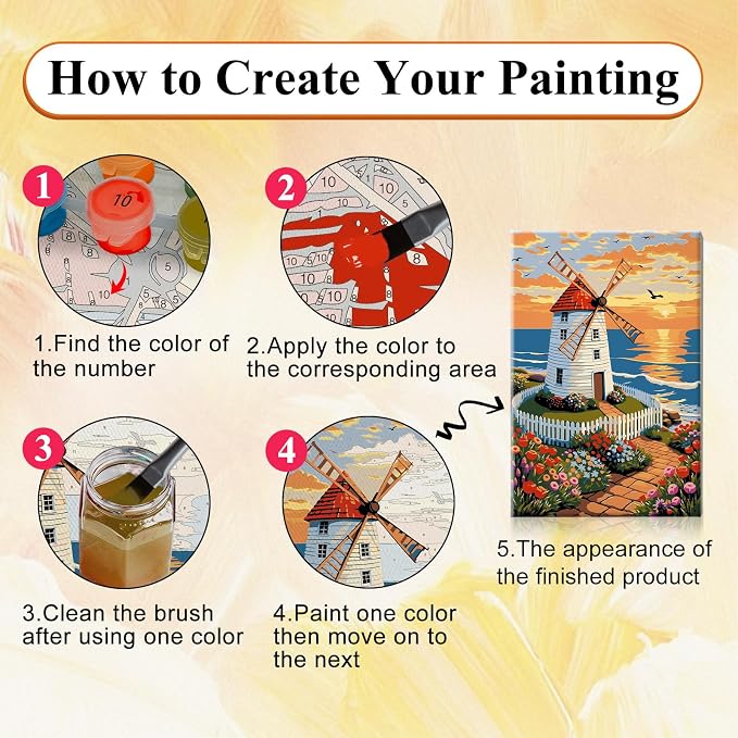 SparkGlow Windmail Paint by Number Kits for Adults with Frame, 8×12 Inch | Sunset Landscape Painting by Numbers, Premium Materials, Fun and Relax, Include Easel, Number Painting for Gift, Home Decor