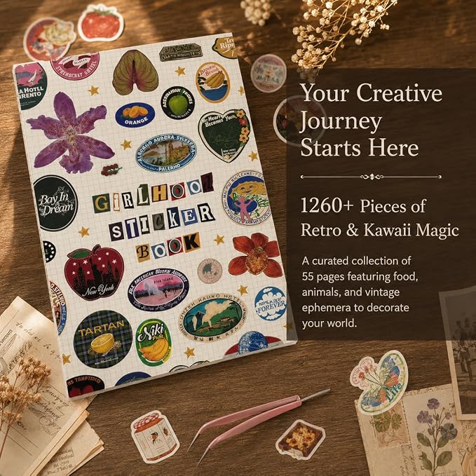 Tmtains 1260+Pcs 2026 New Girlhood Sticker Book Korean Sticker Book for Women Cute Sticker Books Aesthetic Portable Stickerbook for DIY Junk Journaling Scrapbooking Creative Birthday Gifts