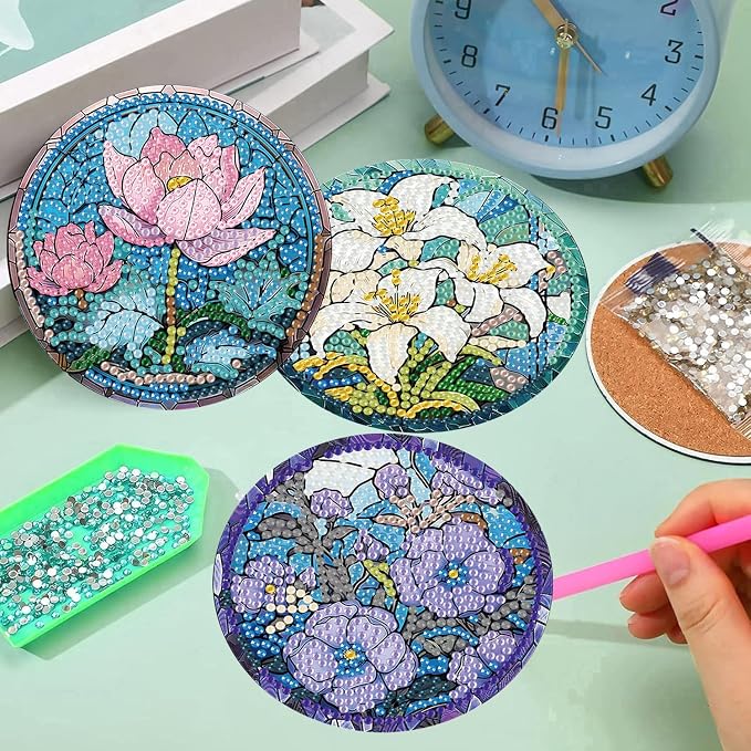 Diamond Art Coasters Kits, 8 Pcs Flowers Diamond Painting Coasters Kits