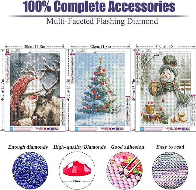3 Pack Christmas Diamond Art Kits for Adults Christmas Diamond Painting Kit