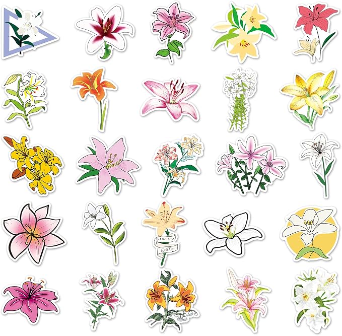 Lily Flower Stickers Pack 50 PCS, Botanical Aesthetic Vinyl Waterproof Die-Cut Floral Sticker for Water Bottle Laptop Cars Guitar Skateboard Bumper Vintage Waterproof for Teens Adults (Colourful-F12)