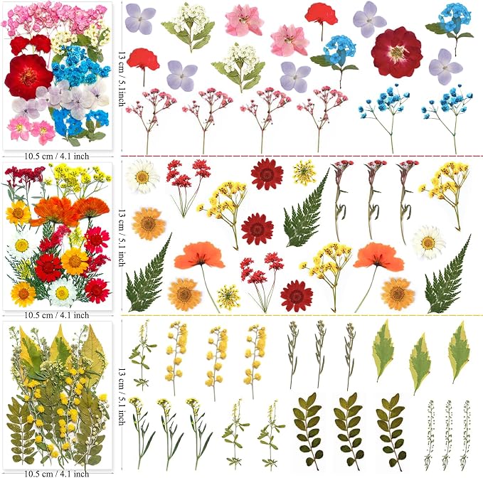 MIKIYA 192Pcs Dried Pressed Flowers for Resin, Assorted Real Natural Bulk Dry Floral Leaves for DIY Art Crafts, Epoxy Molds, Jewelry, Soap, Candle Making, Nails Decors