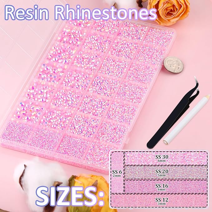 30000Pcs Resin Rhinestones for Bedazzling with Tweezers, Light Pink AB Rhinestones for Crafting with 3Pcs 10ml B7000 Jewelry Glue for DIY Crafts Clothing Tumblers Shoes Fabric Nail Art