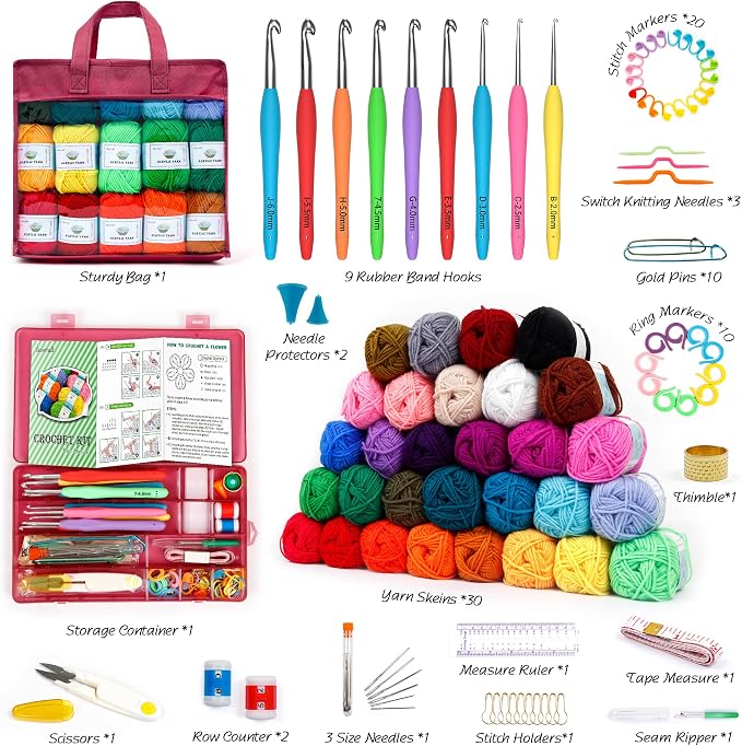 INSCRAFT Crochet Yarn Kit for Beginners Adults, Includes 1650 Yards 30 Colors Acrylic Skeins, User Manual, Hooks, Wine Bag etc, Make Amigurumi & Projects, Starter Set Professionals