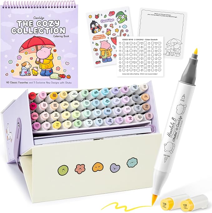 Ohuhu × Coco Wyo Coloring Set 48 Alcohol Markers& Coloring Book Brush& Fine | Co-branded Coloring Kit, 48-color Dual Tips Honolulu B, for Adults Beginners Artists Cozy Coloring, Great Gift Idea