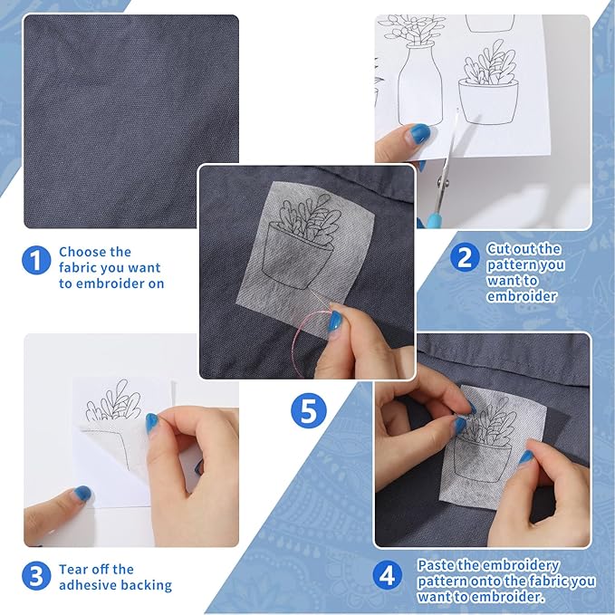 ORIGACH 4 Sheets 105 Pcs Water Soluble Embroidery Patterns Stabilizers - Pre-Printed Floral, Flowering Shrubs & Leaves Designs - Stick & Stitch Embroidery Paper for Hand Sewing Lovers